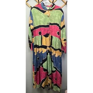 VTG A WORLD APART DRESS Womens Large Button Front‎ ETHNIC PATTERN BUTTONS FLAW